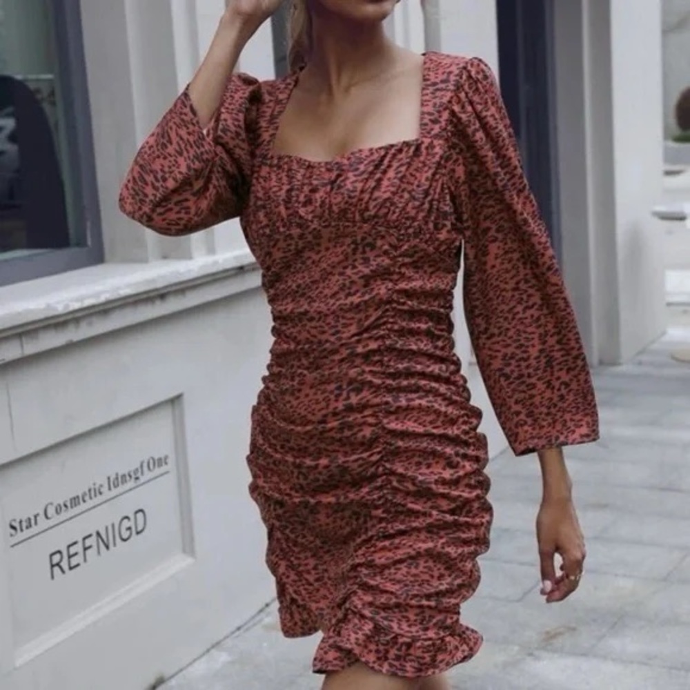 Zara Ruched Square-Neck Mini Dress in Rust Animal Print